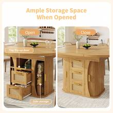 Extendable Dining Table 118-158cm, Dining Table With Rattan Storage Drawers, MDF Wood Look, Black & Natural Oak Style - Wood Color - View 2