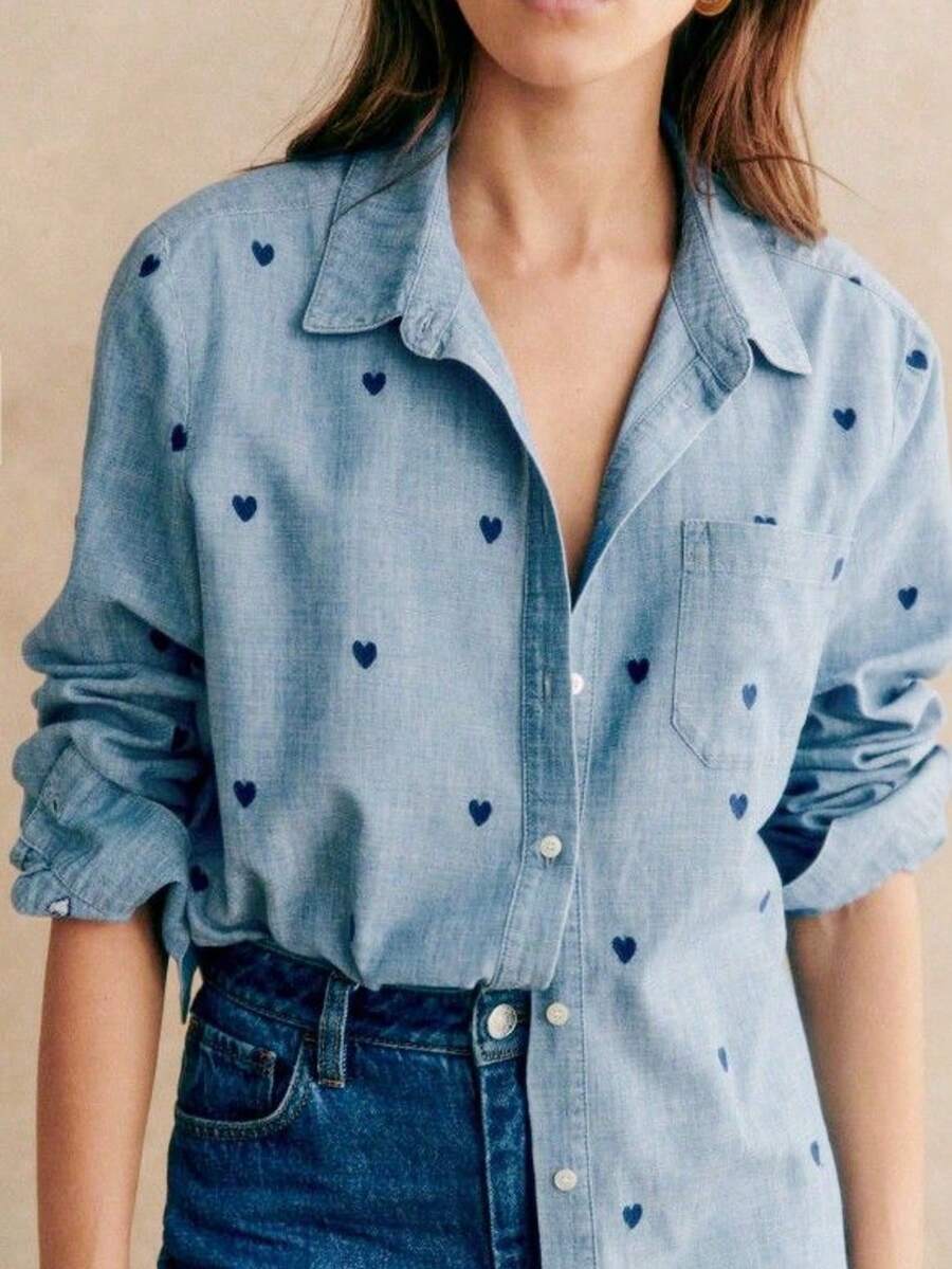 女款休閒基礎純色愛心印花長袖POLO衫,附口袋,梭織面料,適合居家、辦公、度假、假期,春夏季秋冬四季穿著 - 彩色 - 查看 1