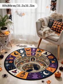1pc Halloween Pumpkin Cat Pattern Round Rug, Halloween Carpet, Faux Cashmere Rug, Bathroom Mat, Bedroom Decor, Home Decor, Halloween Gift - Black - View 4