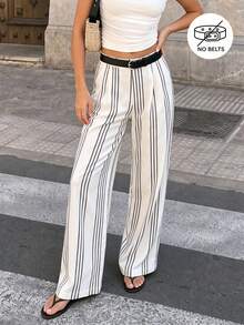 minisummer Women Fall Black Vertical Stripe Satin Elastic High Waist Wide Leg Long Trousers Straight Leg Pants - White - View 2