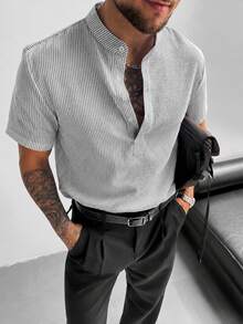 GloMan Men's Gray/White/Blue Textured Henley Collar Striped Button-Up 3 Pieces Short Sleeve Shirts, Breathable, Suitable For Vacation, Daily Wear, Golf, Street, Halloween/Christmas, Gift For Husband - Multicolor - View 4