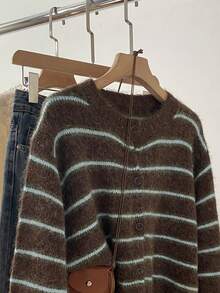 Women's Round Neck Striped Fuzzy Knit Cardigan, Long Sleeve Button Front Casual Short Sweater Jacket, Suitable For Autumn/Winter Daily Wear - Coffee Brown - View 6