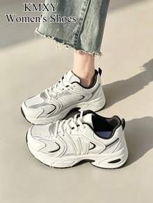 Women's Vintage Round Toe Lace-Up Soft Sole Comfortable Shoes, Casual Versatile Breathable Summer Daily Running Sports Shoes, Solid Color - Black - View 3