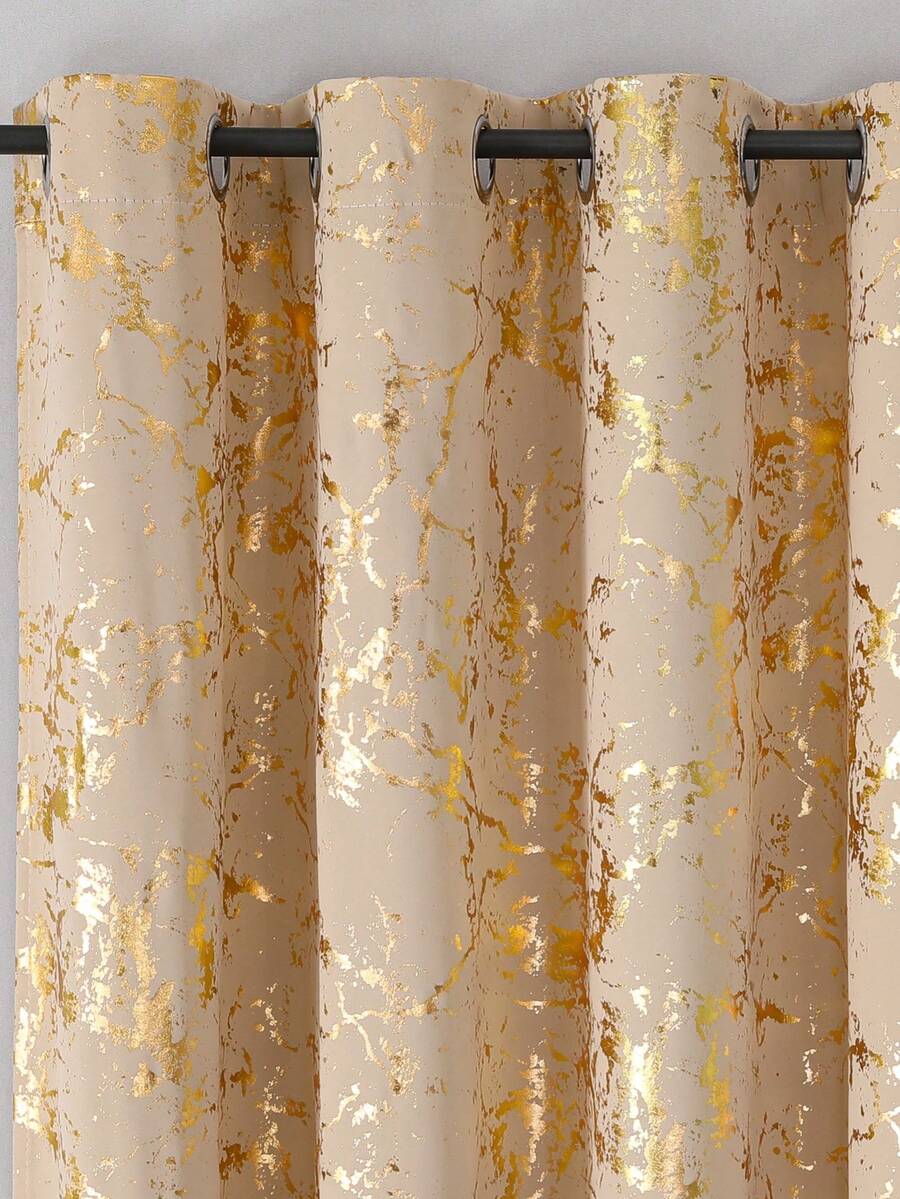 1pc European Style High Blackout Coated Marble Pattern Heat Insulation Privacy Noise Reduction Polyester Fiber Grommet Bedroom Living Room Curtains - Beige - View 1