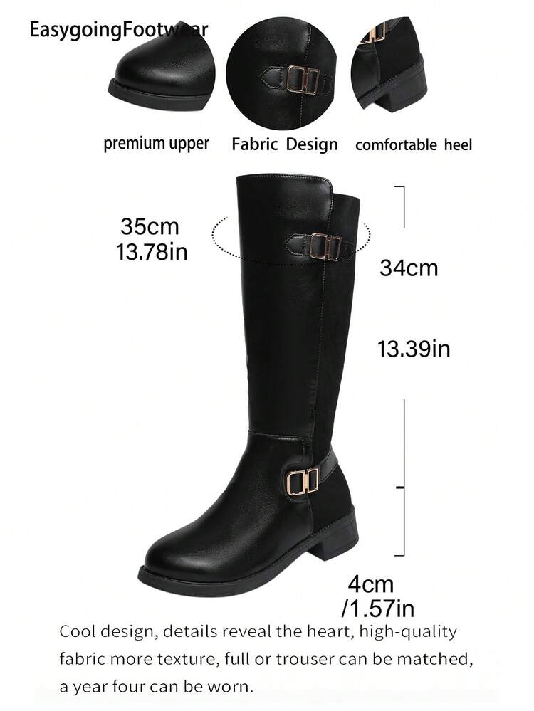 Women's Plus Size Riding Boots, Patchwork Side Zipper, Metal Buckle Decor, Thermal Lined Warm, Slimming Nude Color, Versatile For Daily Wear - Black - View 9
