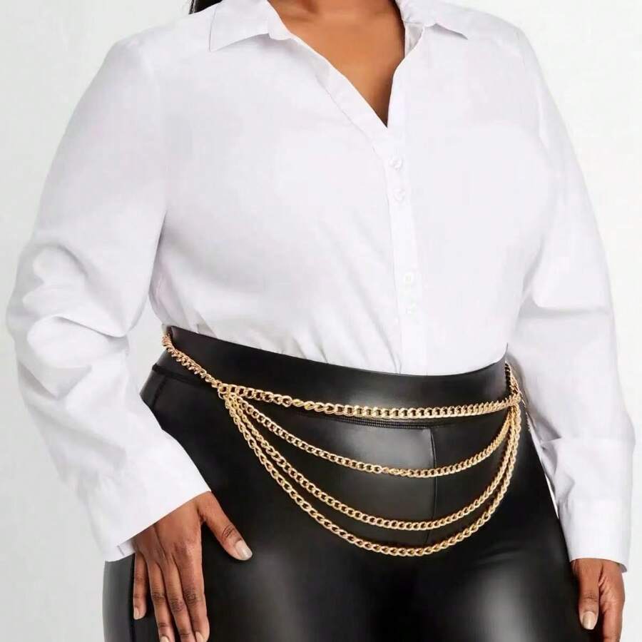 1pc Women's Plus Size Gold Alloy Multi-Layer Waist Chain, Fashion Punk Metal Style Body Chain Belly Chain, Daily Accessory For Street Party - Gold - View 1