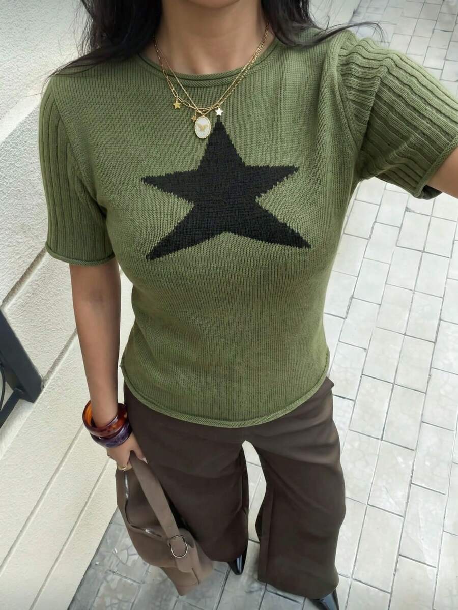 女款羅紋針織短袖T恤，星星印花圓領修身休閒上衣，軍綠色 - 綠色 - 查看 1