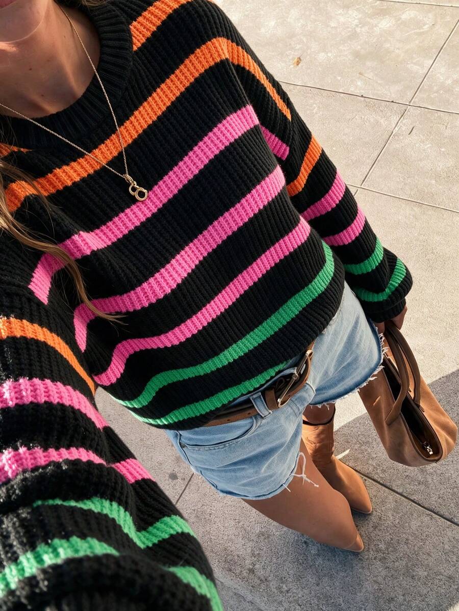 女款冬季新款多巴胺風彩虹條紋寬鬆針織毛衣