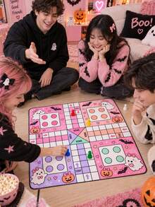 1件可愛粉色萬聖節方形聚酯纖維 Ludo 棋盤遊戲墊，幽靈、黑貓、南瓜、蝙蝠、糖果、星星與月亮印花，4人玩家 START/HOME 遊戲盤，含1袋遊戲配件，適用萬聖節派對、家庭遊戲與室內娛樂 - 多色2 - 查看 9