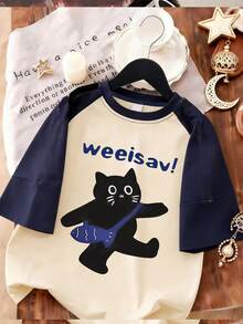 可爱时尚双色拼接插肩袖T恤，猫咪印花短袖上衣，适合夏季、上学/运动/户外活动 - 藏蓝色 - 查看 1