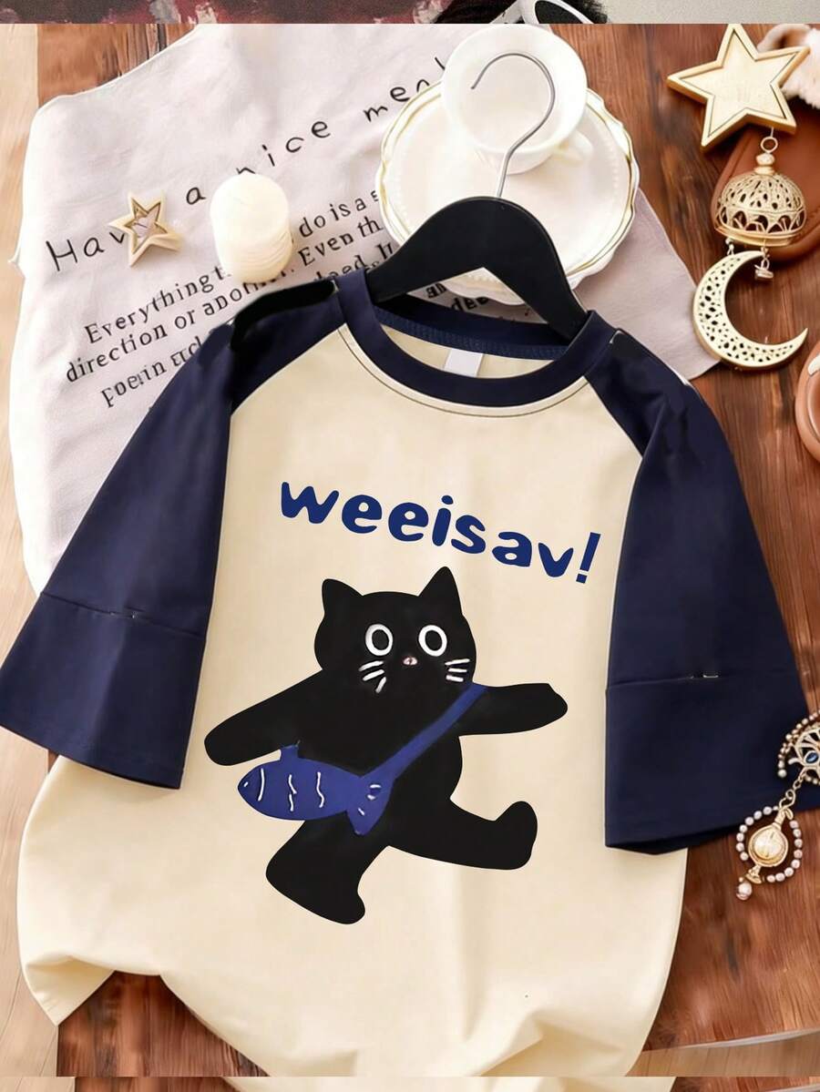 可爱时尚双色拼接插肩袖T恤,猫咪印花短袖上衣,适合夏季、上学/运动/户外活动 - 藏蓝色 - 查看 1