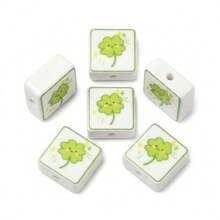 5pcs Printed Square Clover Ceramic Beads, Smiling Face Clover Pattern Square Decorative Beads, Suitable For DIY Bracelets, Necklaces And Pastoral Style Jewelry Making - Multicolor - View 2