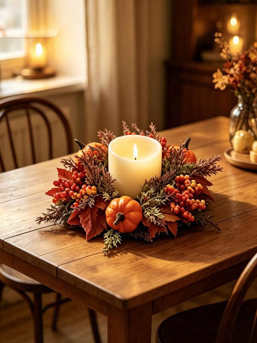 Autumn Candle Ring Wreath, Autumn Pumpkin Maple Leaf Tabletop Centerpiece Decor, Farmhouse Rustic Style Candle Holder Wreath, Thanksgiving Dining Table Coffee Table Kitchen Cabinet Decoration, Seasonal Home Decor Gift - A - View 1