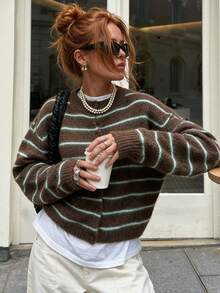 Women's Round Neck Striped Fuzzy Knit Cardigan, Long Sleeve Button Front Casual Short Sweater Jacket, Suitable For Autumn/Winter Daily Wear - Coffee Brown - View 2