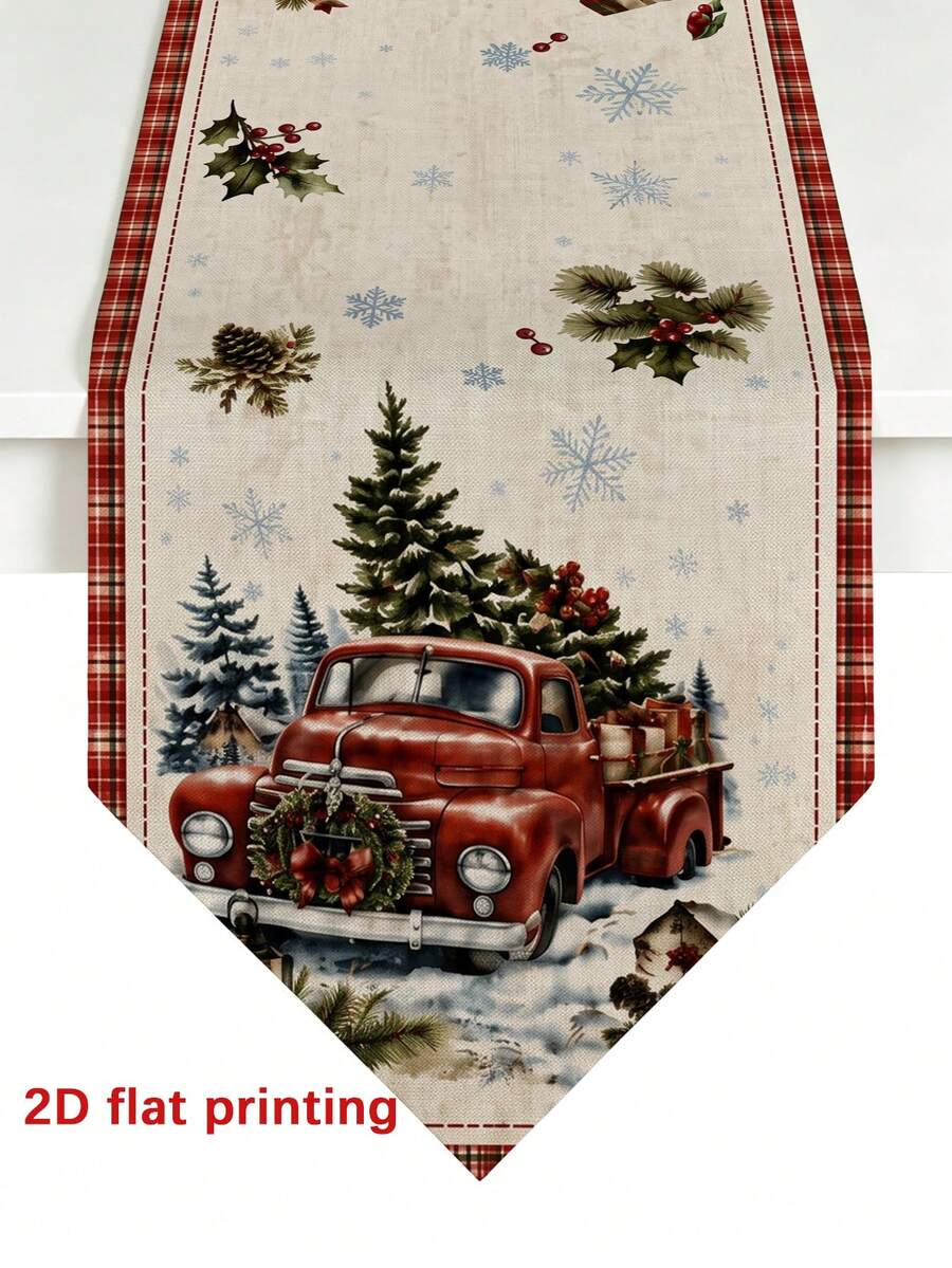 1pc Winter Snowy Scene Truck Triangular Table Runner, Classic American Christmas Essential Decorative Cloth, Multi-Size V-Shaped Pointed Tail Table Runner, Exquisite Illustration Style, Large Size Table Runner, Suitable For Christmas Party/Entryway Console Table/Festive Dining Table/Homestay Soft Decor/Cafe Window Display/Entryway Arrangement/Coffee Table Decoration/Living Room Atmosphere Creation/Kitchen Dining Scene/Holiday Natural Gift - Multicolor - View 1