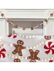 1 Set Gingerbread Man And Peppermint Candy Felt Garland, Gingerbread Man Wooden Bead Design, For Christmas Home Wall Decor, Winter Theme Party Hanging Scene Decoration, Fireplace Home Decor - Multicolor - View 9