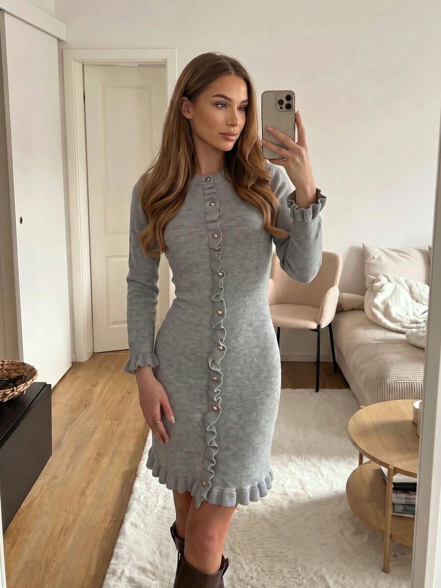 Women's Elegant Grey Ribbed Knit Fitted Long Sleeve Ruffle Hem Metal Button Sweater Dress, Autumn/Winter Date Outfit Fall