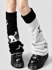 1 Pair Women's Y2K Gothic Style Knitted Wide Leg Leg Warmers, Winter Warm Leg Warmers - Black - View 3