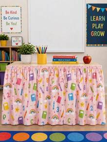 1pc Pink Back To School Rainbow Stationery Desk Skirt, Letter Number Crayon Star Learning Theme Tablecloth, Suitable For Teacher Desk, Classroom Storage Cabinet, Shoe Rack, Party Decoration - Multicolor - View 4