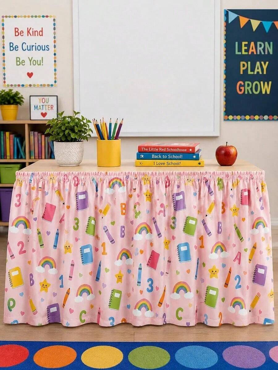 1pc Pink Back To School Rainbow Stationery Desk Skirt, Letter Number Crayon Star Learning Theme Tablecloth, Suitable For Teacher Desk, Classroom Storage Cabinet, Shoe Rack, Party Decoration - Multicolor - View 1