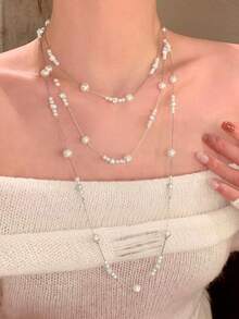 1pc Women's Multi-Layer Necklace, Gold-Tone Copper Material Faux Pearl Star-Studded Beaded Layered Necklace With CZ Inlay, Elegant Versatile Necklace Suitable For Daily Wear, Shopping, Autumn Accessory - Multicolor - View 5