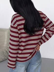 SDNGED Women's Casual Top, Striped Color Block Ribbed Fabric, Everyday Wear Spring/Autumn, Effortless Style - Redwood - View 7