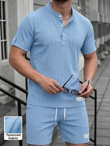 Men's Spring/Summer 3-Button Henley Short Sleeve Shirt And Drawstring Shorts Solid Color Jacquard Casual Vacation Regular Fit 2 Pieces Set, Commute Casual Textured - Baby Blue - View 9