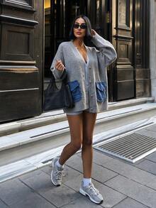 FOR BEAUTY Autumn/Winter Y2K Grey V-Neck Loose Knit Cardigan With Tassel Pockets, Women's Casual Button Sweater, Aesthetic Street Style Fall - Grey - View 5