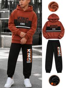 Tween Boy 2set Thermal Lined Thick Sweatshirt + Sweatpants Set, Autumn/Winter Clothing Set, Young Student Children's Wear, Suitable For Daily Wear - Multicolor - View 3
