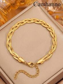 Camhanno 1/2pcs Minimalist Fashion Versatile Stainless Steel Double Chain, Bead Chain, Flat Snake Chain Bracelet, Suitable For Daily Wear, Holiday Gift Or Friend Gift - Gold - View 11