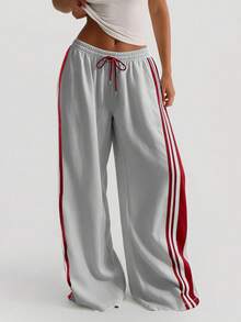 Women's Sports Long Pants, Dual Side Pockets, Straight Leg Summer Lightweight, Elastic Waistband With Drawstring Design, Contrast Stripe Design Autumn - Light Grey - View 1