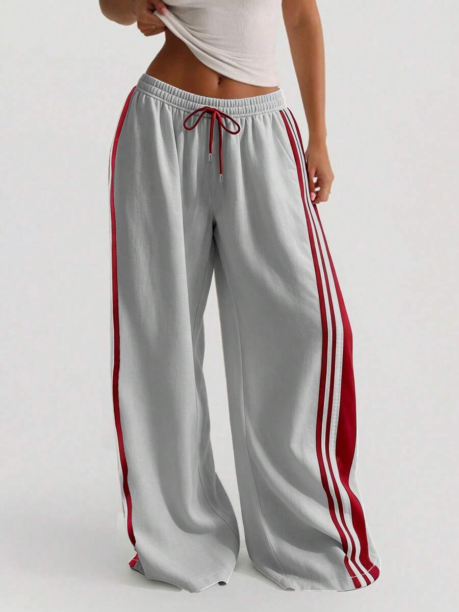 Women's Sports Long Pants, Dual Side Pockets, Straight Leg Summer Lightweight, Elastic Waistband With Drawstring Design, Contrast Stripe Design Autumn - Light Grey - View 1
