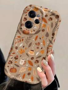 1pc Cream Khaki Background Autumn Fallen Leaves Pumpkin Coffee Print Wavy Edge Phone Case, White Frame Shockproof Soft TPU Protective Cover, Compatible With GALAXY, HONOR, Phones - White - View 4