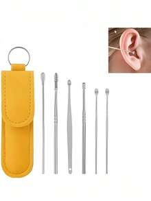 Portable Leather Earwax Removal Kit, Includes Ear Scoop And Spring-Loaded Earwax Cleaner, Travel-Size Spiral Design Ear Cleaning Tool Set, Suitable For Adults, Adult-Specific Earwax Cleaning Tool, Travel Essential - Multicolor - View 4