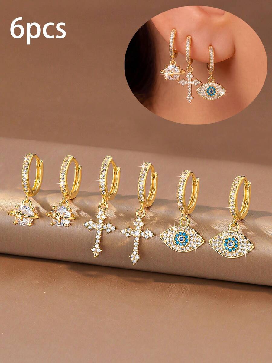 3pcs Minimalist Fashion Star, Cross, Evil Eye Design Zirconia Ear Cuff Set, Halloween Holiday Accessories, Suitable For Party, Gathering, Date Wear, Exquisite Holiday Jewelry Gift - Earring Set - View 1