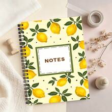 1pc 50-Page A5 Spiral Notebook, Light Beige Cover Decorated With Yellow Lemon And Green Leaf Pattern, Accented With Small Brown Dots, White Rectangular Frame With Green Border And "NOTES" Text In The Center, Black Spiral Binding Design, Lined Pages, Suitable For Journaling - Lemon - View 2