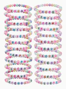 12Pcs Kids Glow‑In‑The‑Dark Letter Beaded Bracelet Set, Random Color, Meaningful Colorful Letter Jewelry, Perfect Birthday Gift For Children Girls - Multicolor - View 2