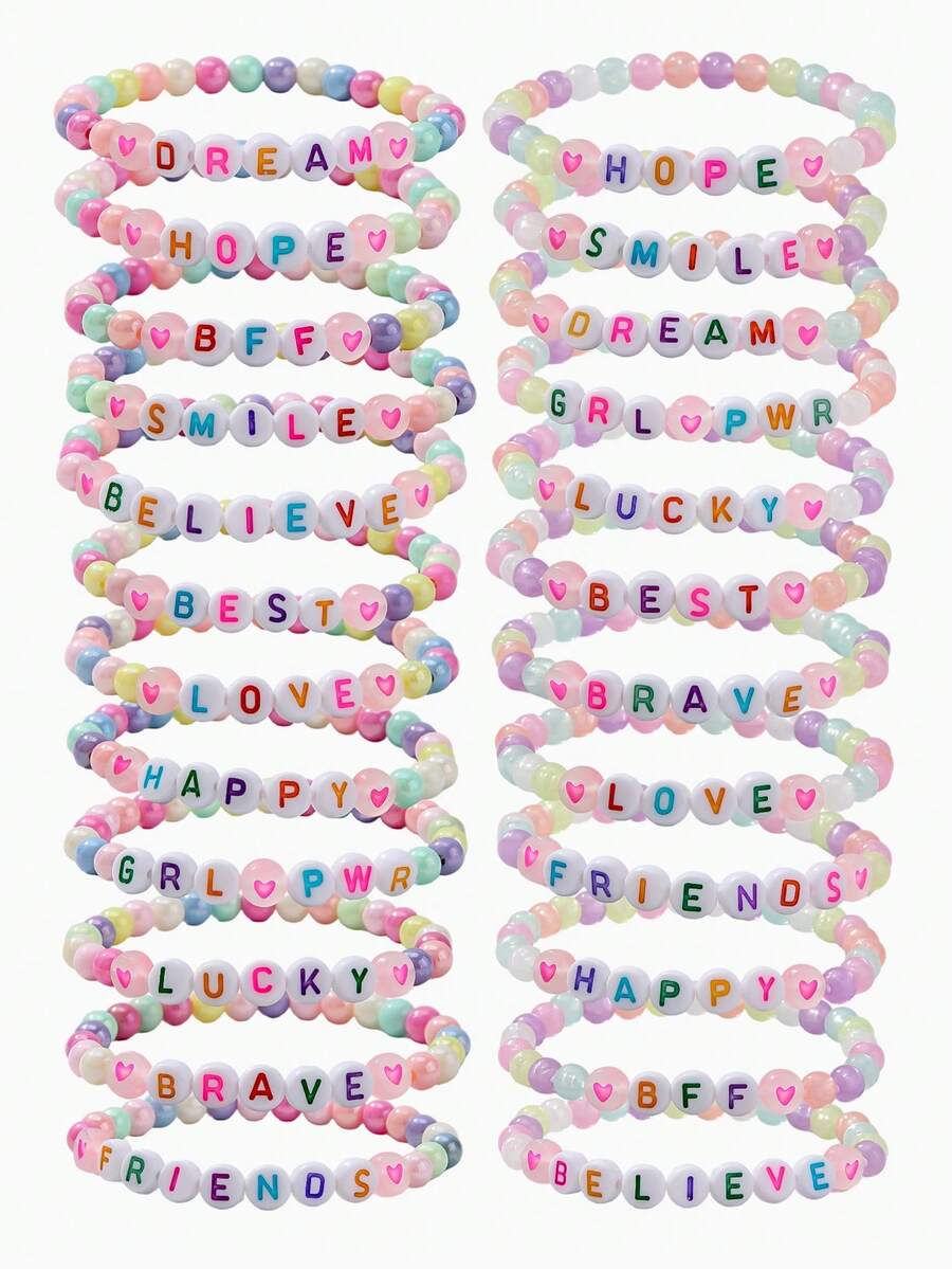12Pcs Kids Glow‑In‑The‑Dark Letter Beaded Bracelet Set, Random Color, Meaningful Colorful Letter Jewelry, Perfect Birthday Gift For Children Girls