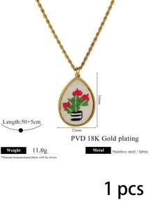 1 Pc 304 Stainless Steel Fall Decor Embroidery Flower Pendant Necklace Vintage Handmade Floral Textured Charm Twisted Chain Fall Style Jewelry Women - Necklace - View 12