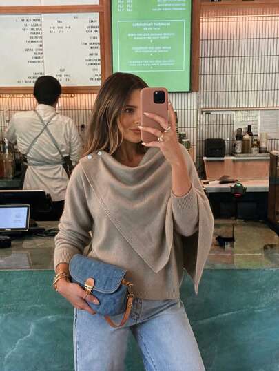 SEREN Women's New Solid Color Asymmetric Shawl 2 In 1 Sweater, Autumn Stacked Collar Design Long Sleeve Top, Suitable For Daily Wear