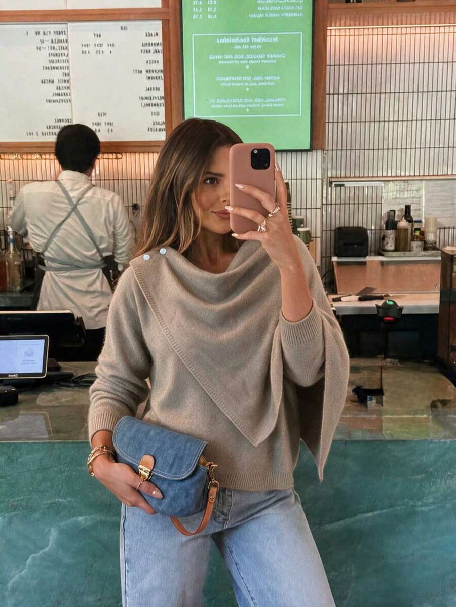 SEREN Sweater Wanita Model 2-in-1 Asimetris Warna Polos Terbaru, Atasan Lengan Panjang dengan Desain Kerah Bertumpuk Musim Gugur, Cocok untuk Pemakaian Sehari-hari - Yan - View 1