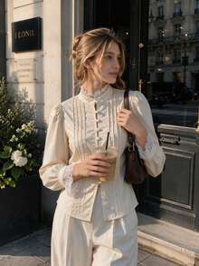 French Vintage Lace Trim Stand Collar Blouse For Women, Lace Patchwork Neckline And Cuffs, Puff Long Sleeves With Pearl Button Placket, Accordion Pleat Design, Elegant Commuter Style, Gentle Elegant, Suitable For Outings And Dates - Gold - View 6