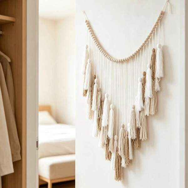 1pc Bohemian Style Wooden Bead Tassel Wall Decor, Handmade Woven Wall Hanging, Suitable For Bedroom, Living Room And Farmhouse Home Decor