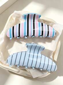 2pcs Set Acetate Contrast Blue Striped Print Half-Moon Hair Claw High Top Bun Half-Up Hair Accessory Korean Style Gentle Romantic Exquisite - Multicolor - View 1