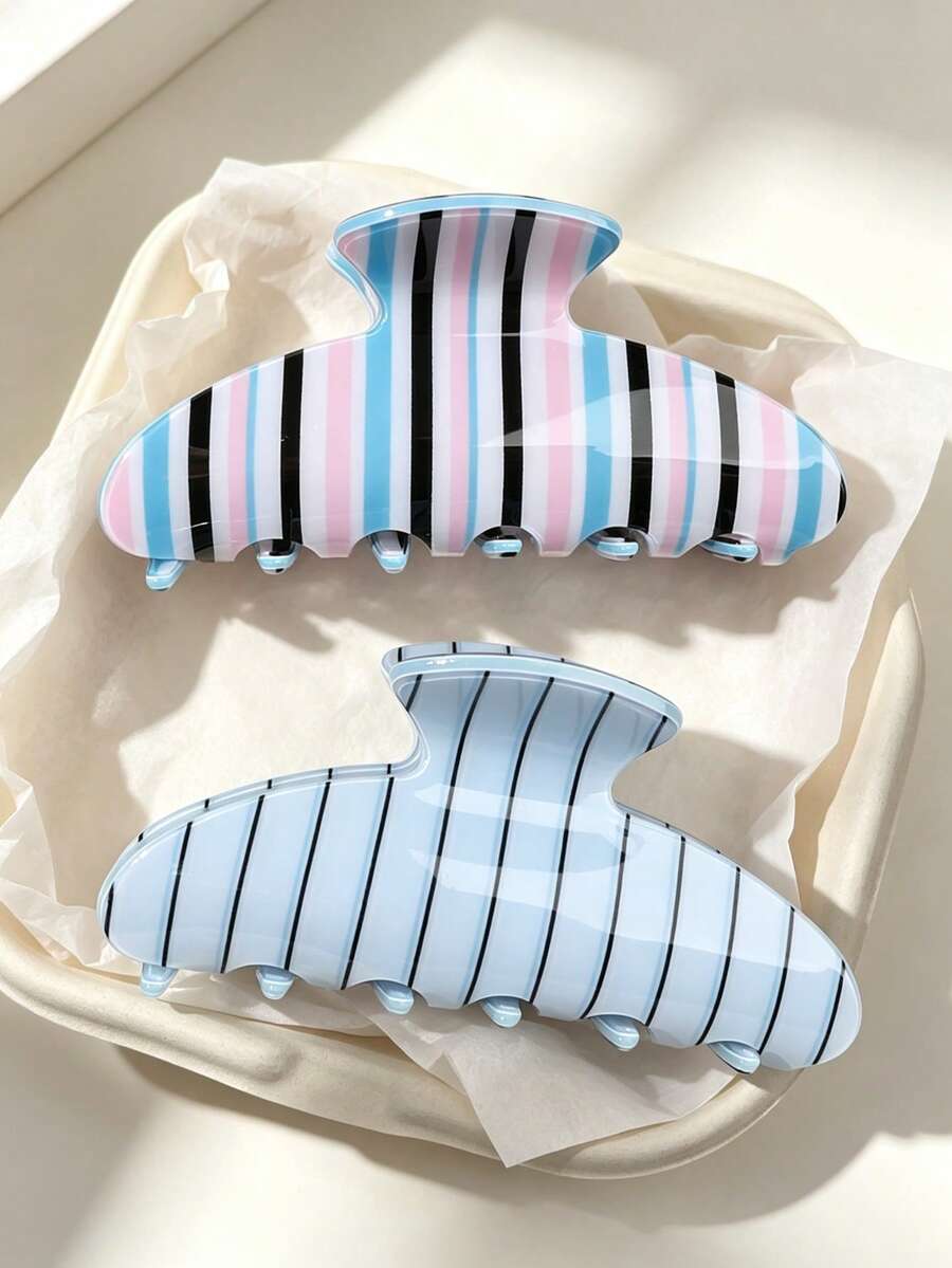 2pcs Set Acetate Contrast Blue Striped Print Half-Moon Hair Claw High Top Bun Half-Up Hair Accessory Korean Style Gentle Romantic Exquisite - Multicolor - View 1