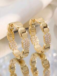 rundraw 1 Pair Luxury Copper Zirconia Geometric Round Hoop Earrings, Fashionable Party & Date Gift For Women - Gold - View 5