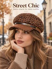 1pc Leopard Print Beret Hat Women American Vintage Octagonal Cap Large Head Circumference Face-Flattering - A - View 7