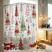 1pc Christmas Tree Shower Curtain, Vintage Design, Waterproof Bath Curtain, Suitable For Bathtub Partition, Bathroom Decor And Bathroom Accessories, Home Decor Gift, Includes 12 Hooks - Multicolor - View 3