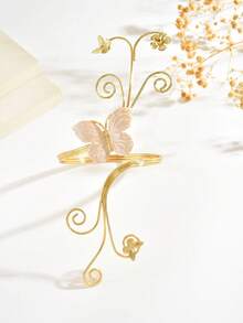 1pc Elegant Minimalist Multiple Flower & Butterfly Linked Line Wrapped Metal Arm Cuff, Women's Elegant Fashion Body Jewelry, Suitable For Street, Party, Daily Commute Matching Accessory - Gold - View 4