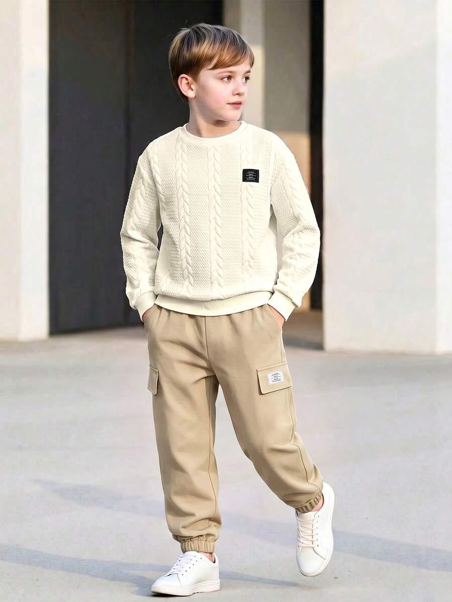 男童春秋兩件套,紋理長袖圓領上衣 + 工裝風慢跑長褲,適合 4-12 歲男孩,日常穿著 - 杏色 - 查看 1